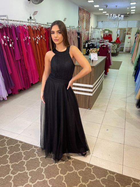 VESTIDO DE GOLA TULE TRABALHADO